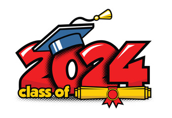 2024 class graduate header. Decorate congratulation for school graduates in comic cartoon style. Vector on transparent background