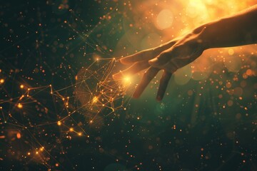Interconnection of human and robotic hands in glowing data streams of a digital network