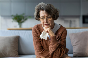Thoughtful upset elderly lady thinking of loneliness or grief, sad elderly woman worried about problems, sitting on couch