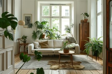 Elegant Scandinavian living room interior design with comfortable sofa, mid-century furniture, cozy carpet, wooden floor, white walls, and home plants