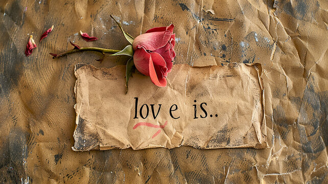 Love is - abstract concept, title, phrase, title, inscription, banner, romantic wish in vintage grunge style