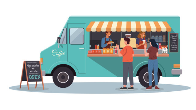 A food truck selling coffee is parked on the street. Vendors are serving food and coffee to customers.