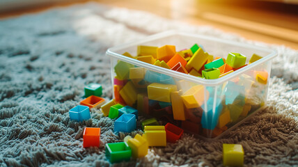 Multicolor children's cubes in a container in a room on a soft carpet in sunlight