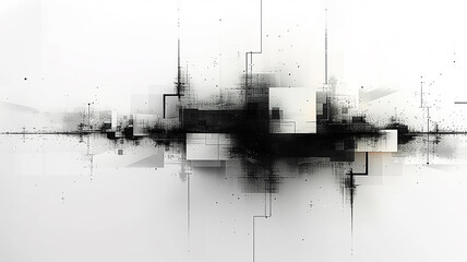 Fototapeta premium Black geometric shapes, watercolor graphic abstract white background in grunge style
