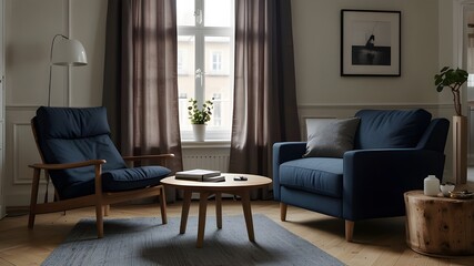 Fototapeta premium Recliner chair and dark blue sofa in a Scandinavian apartment. A contemporary living room's interior design.