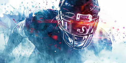 A close-up photo of an American football player wearing a helmet, with a watercolor-like effect. The image is dynamic and captures the intensity of the sport