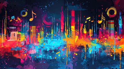 Music industry template with musical icons, vibrant colors, and plenty of room for content