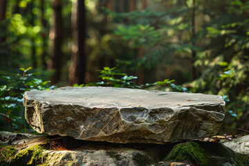 Natural stone product display podium on a forest green background: Earthy and robust, perfect for outdoor or adventure products, the stone podium and green background evoke a sense of nature and
