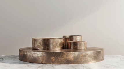 Polished bronze product display podium on a soft white background: Luxurious and warm, perfect for high-end jewelry or premium accessories, the bronze podium and white background create a