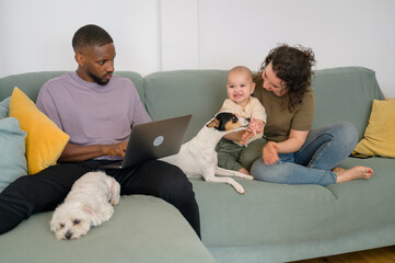 Family time on sofa with baby, dog, and laptop