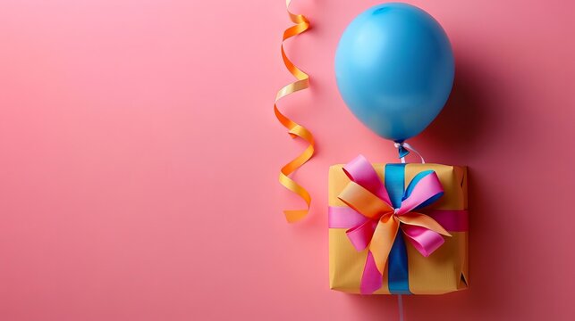 A gift box with balloons and ribbons on a pink background.