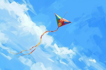 A colorful kite dances in the wind, capturing the carefree joy of a summer afternoon. The illustration is a vibrant representation of freedom and happiness.