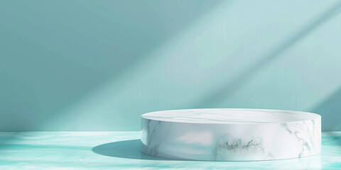 Polished marble product display podium on a soft turquoise background: Elegant and luxurious, ideal for high-end cosmetics or fine jewelry, the marble podium and turquoise background create a