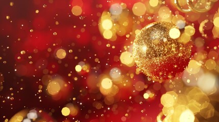 Golden Glittering Christmas Ornament on Red Background, Generative AI