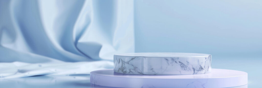 Polished marble product display podium on a soft periwinkle background: Elegant and luxurious, ideal for high-end cosmetics or fine jewelry, the marble podium and periwinkle background create a