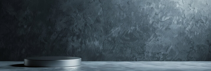 Polished steel product display podium on a modern grey background: Sleek and industrial, ideal for contemporary gadgets or minimalist designs, the steel podium and grey background create a sharp and