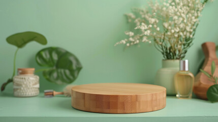 Polished wood product display podium on a soft mint green background: Natural and fresh, ideal for eco-friendly products or organic crafts, the wood podium and mint green background evoke a sense of