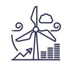 Wind turbine with profit growth symbols, indicating renewable energy profitability.