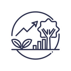 Icon depicting sustainable growth with a rising chart, tree, and plant.