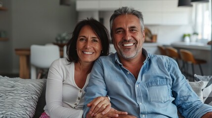 Fototapeta premium Happy smiling healthy middle aged romantic couple mature man and woman hugging sitting on sofa at home together relaxing on couch looking at camera in modern house living room. Portrait.