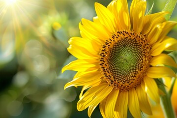 Fototapeta premium A detailed illustration of a sunflower's vibrant yellow petals and intricate seed pattern, illuminated by sunlight.