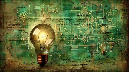 Scientific thought  glowing lamp among physical and math formulas in science and education backdrop