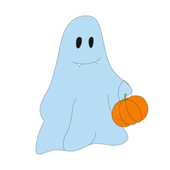 Vector Halloween clipart: cute cartoon ghost with pumpkin. Little spooky, flat Halloween cartoon character. Blue cartoon ghost, scary spooky. Dead boo isolated.