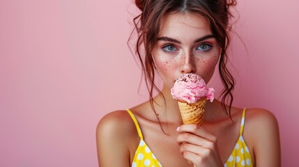 Model posing with Ice Cream: Brunette woman in a yellow polka dot dress, holding her ice cream cone playfully to her lips, with a clean, isolated light pink background.