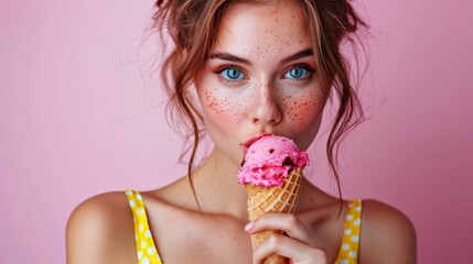 Model posing with Ice Cream: Brunette woman in a yellow polka dot dress, holding her ice cream cone playfully to her lips, with a clean, isolated light pink background.