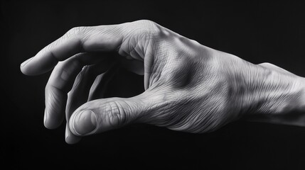 Black and white close-up of a human hand in a grasping gesture, highlighting the intricacies of fingers and skin texture.