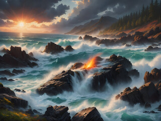 Fototapeta premium Focus on the raw power and beauty of the elements: earth, water, fire, and air.