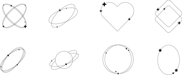 Frames collection with different stars. Minimalistic linear frames, arches, elements, geometric shapes and lines. Arch frame with sparkles Frames for poster design, vector illustration in modern style