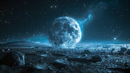 Surreal Moonlit Extraterrestrial Landscape with Glowing Horizon