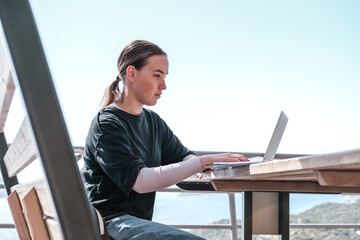 Remotely work.freelancer works remotely home.cozy workation, remote work,leisure, work life balance,digital nomad, workation,work travel,remotely work.Travelling.Work vacation remotely