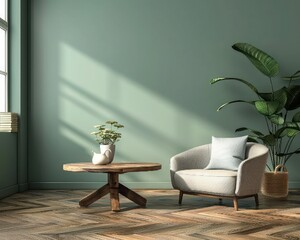 Scandinavian style living room featuring wooden coffee table, lounge chair, and gray sofa against a green wall. Modern home interior design with a cozy ambiance