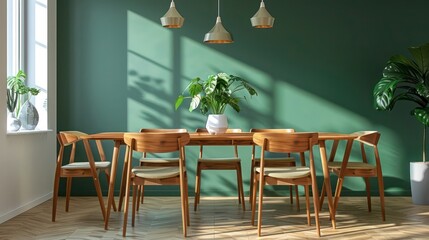 Wooden dining table and chairs against green wall in Scandinavian and mid-century modern dining room design
