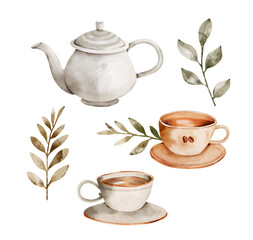 watercolor set of tea and coffeeware illustrations with plant decor