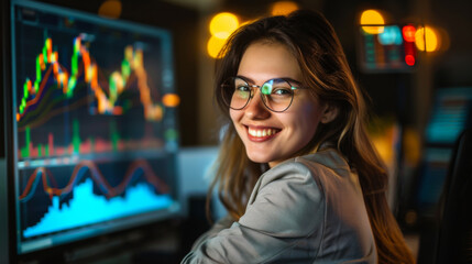 A young woman wearing glasses sitting in a modern office at a table with a computer. Smiling woman working on a modern computer indoors. Technology concept.
