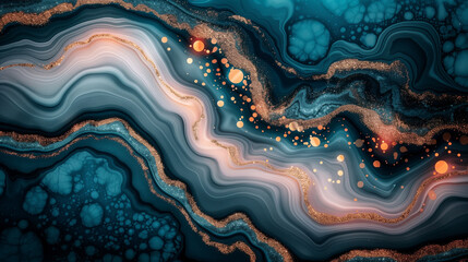 Obraz premium An enchanting abstract image with teal and peach waves interspersed with shimmering gold and orange accents.