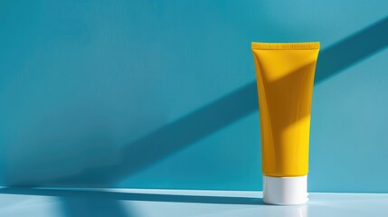 Sunscreen lotion tube template on white surface with blue background and yellow label Copy space