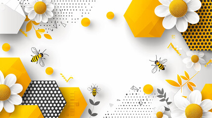 A vibrant abstract design featuring daisies, bees, yellow hexagons, and black and white dotted patterns.