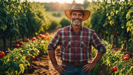 Farmer at ripe tomato plantation.