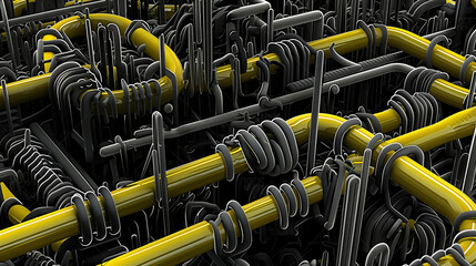 Maze of yellow pipes and screws on black background