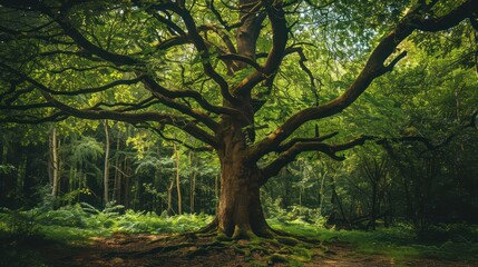 Naklejka premium Bottom view of tree trunk to green leaves of big tree in tropical forest with sunlight