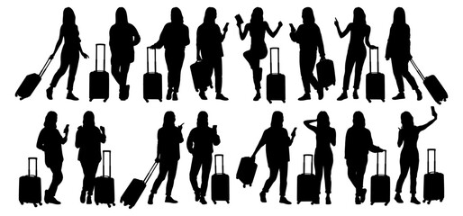 Silhouette of young woman tourist with smartphone. Girl in casual clothes with a suitcase and tickets. The female traveler goes on a journey. Vector illustration set isolated on white	
