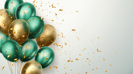 Gold and emerald  green balloons with confetti and ribbons on a light background, festive celebration concept with copy space