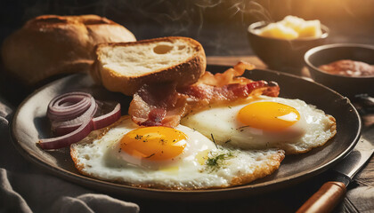 Breakfast with fried eggs, bacon, onion, spices and herbs, and toast on plate. Hearty and nutritious food