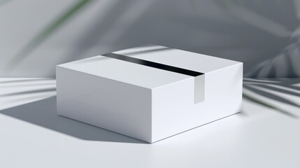 sleek rectangular box with a minimalistic label isolated on a pristine white background The box is centered with studio lighting enhancing the clean lines and modern design The image is captured in