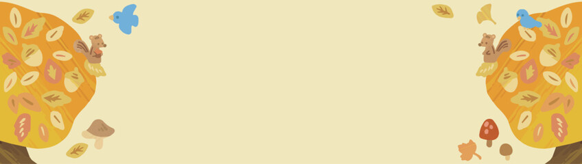 バナー　フレーム　秋　動物　木　葉　紅葉　水彩　手描き　かわいい　背景　イラスト素材