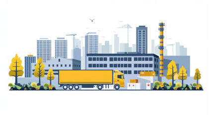 Illustration of an industrial area with a yellow truck and modern buildings, representing logistics and urban development.